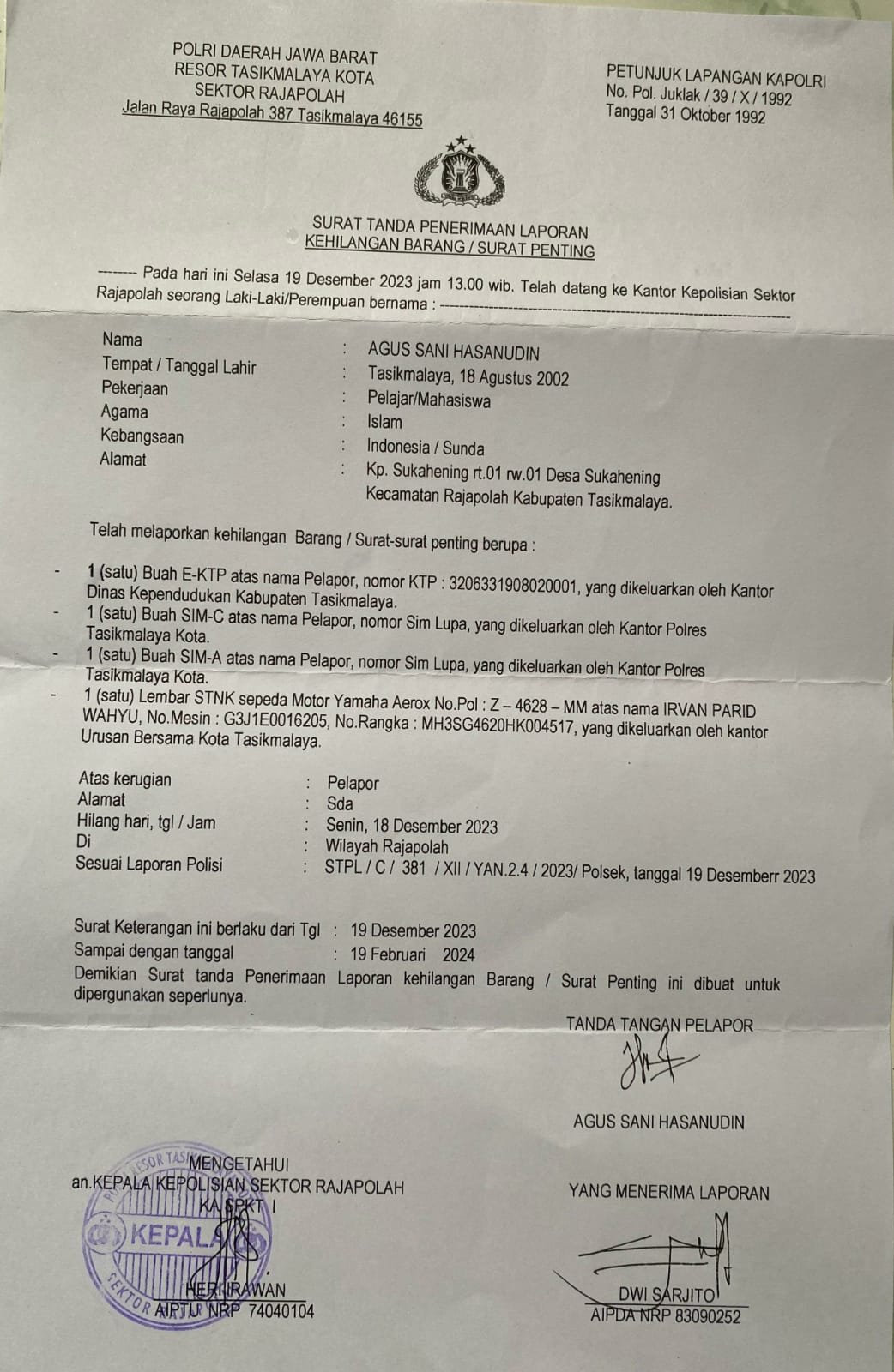 Berita Kehilangan STNK Sepeda Motor
